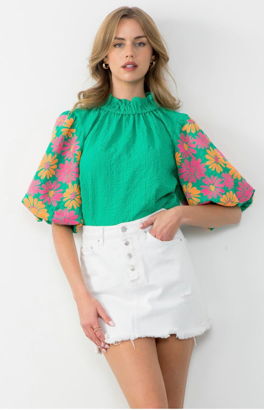 Green Embroidered Puff Sleeve Top