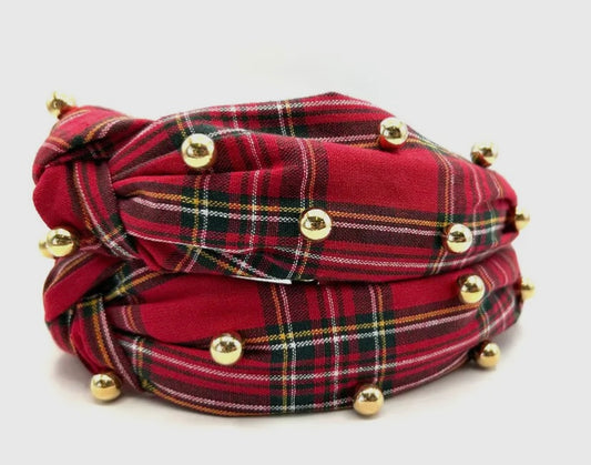 Christmas Plaid and Gold Studded Headband