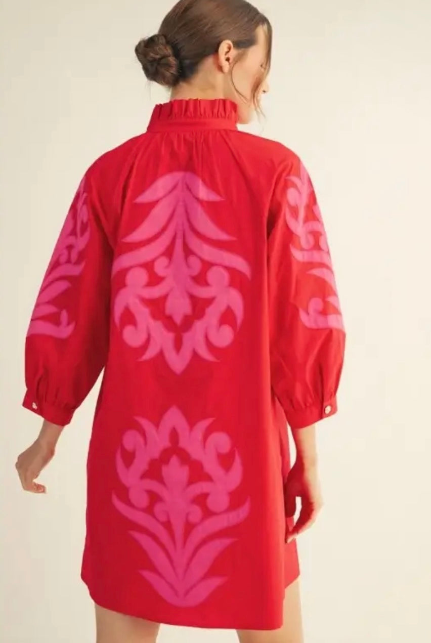 Baroque Embroidered Dress- Red/Pink