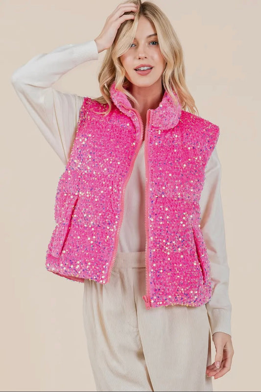 Pink Sequin Puffer Vest