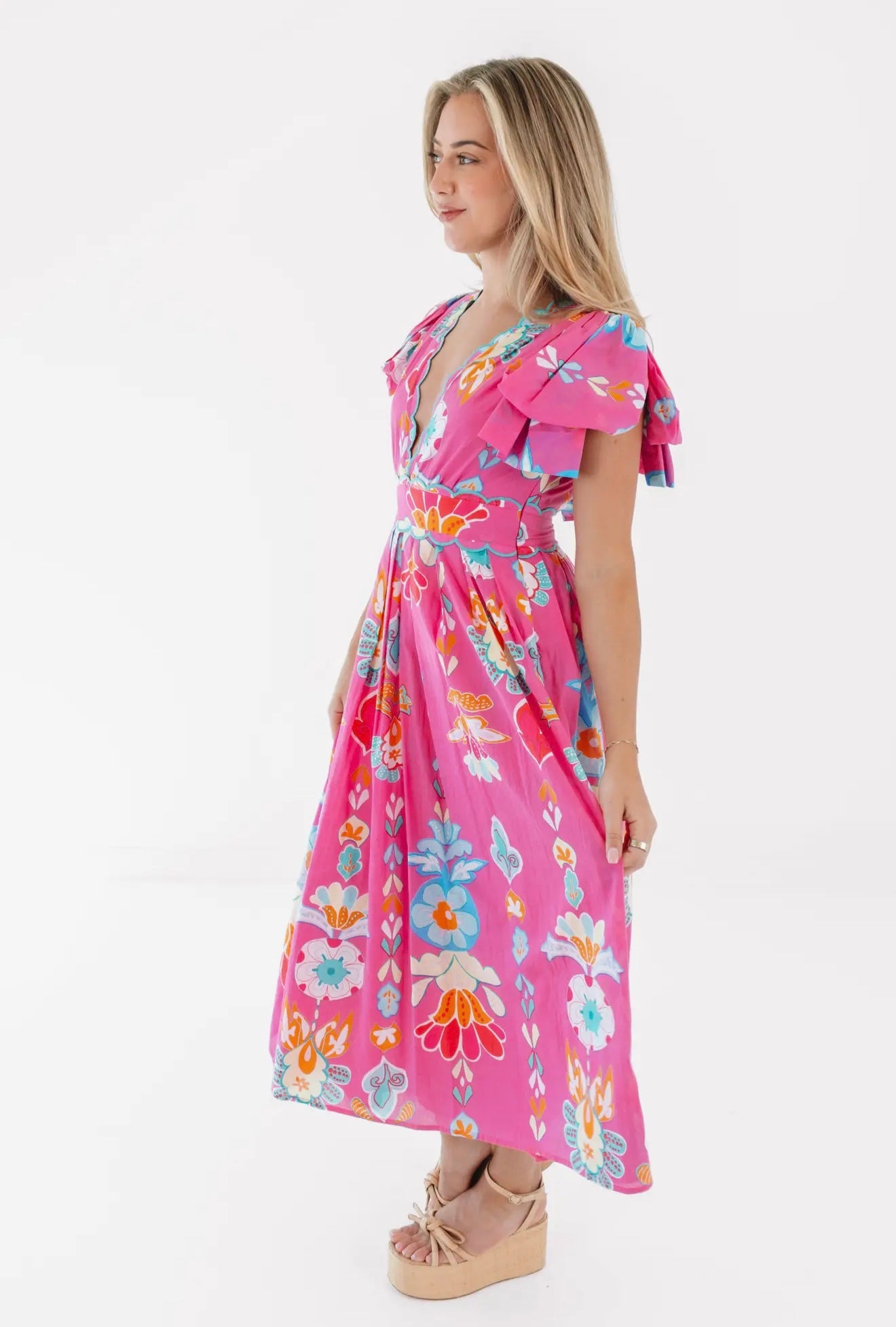 The Sailor Bow Sleeve Midi Dress - Pink Fit
& Flare