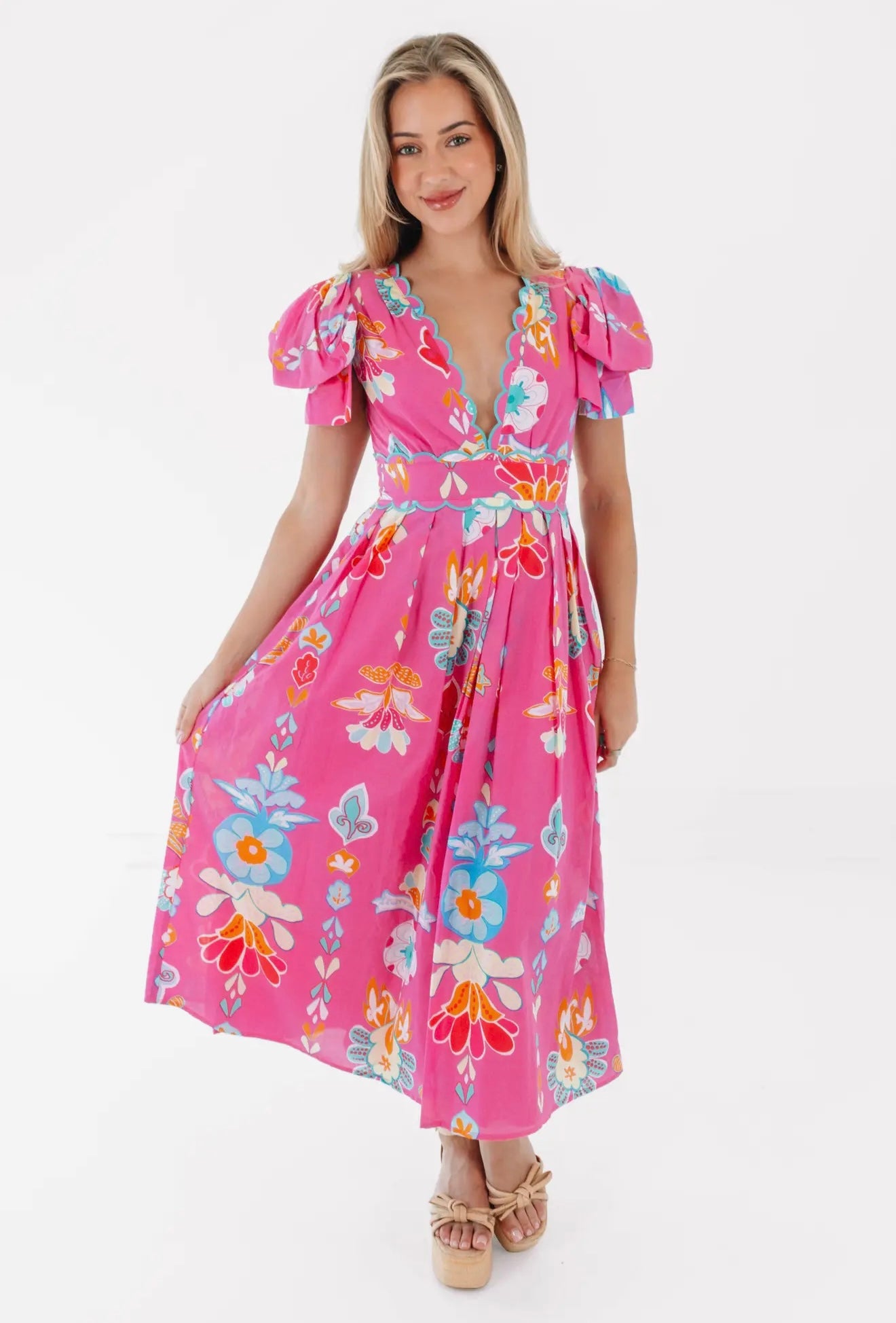 The Sailor Bow Sleeve Midi Dress - Pink Fit
& Flare