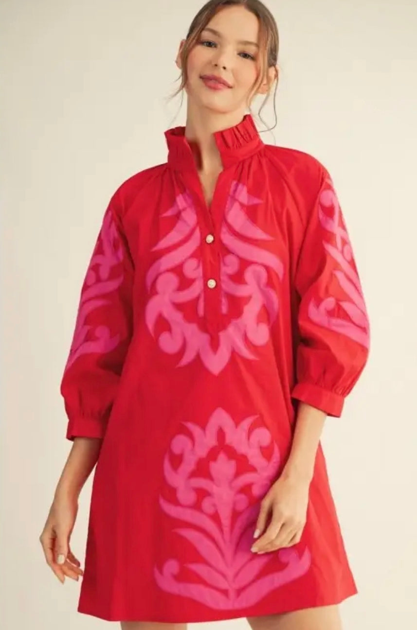 Baroque Embroidered Dress- Red/Pink