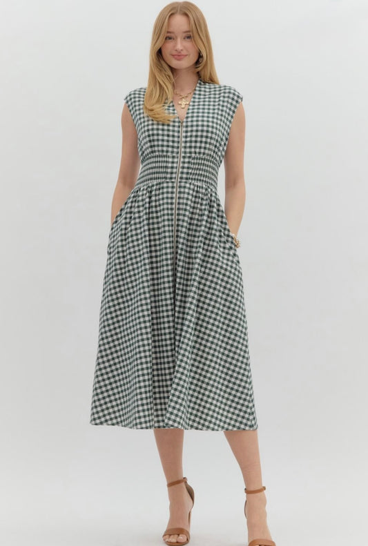 Annie Gingham Dress- Forrest Green