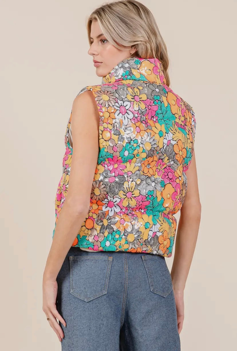 Floral Sequin Puffer Vest