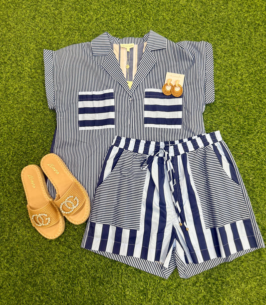 Kate Blue Striped Shorts Set
