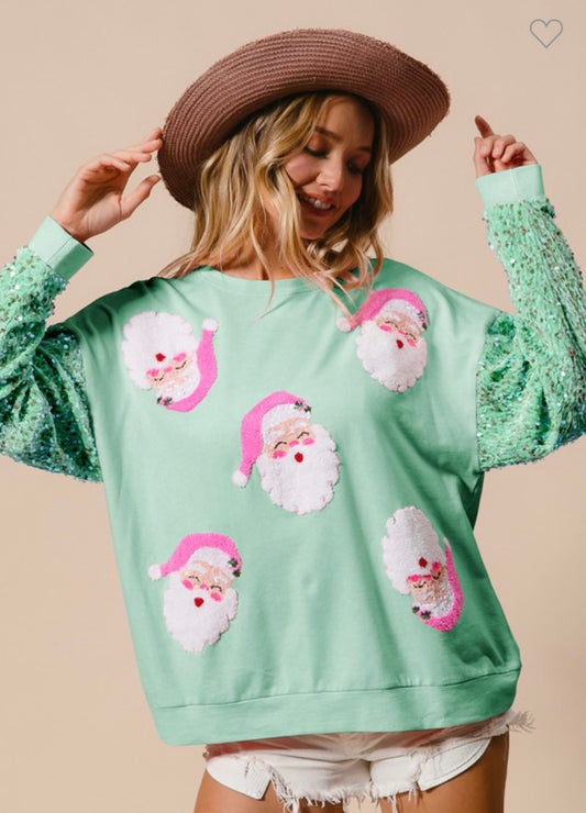 Mint Vintage Pink Santa Sequin Sweater