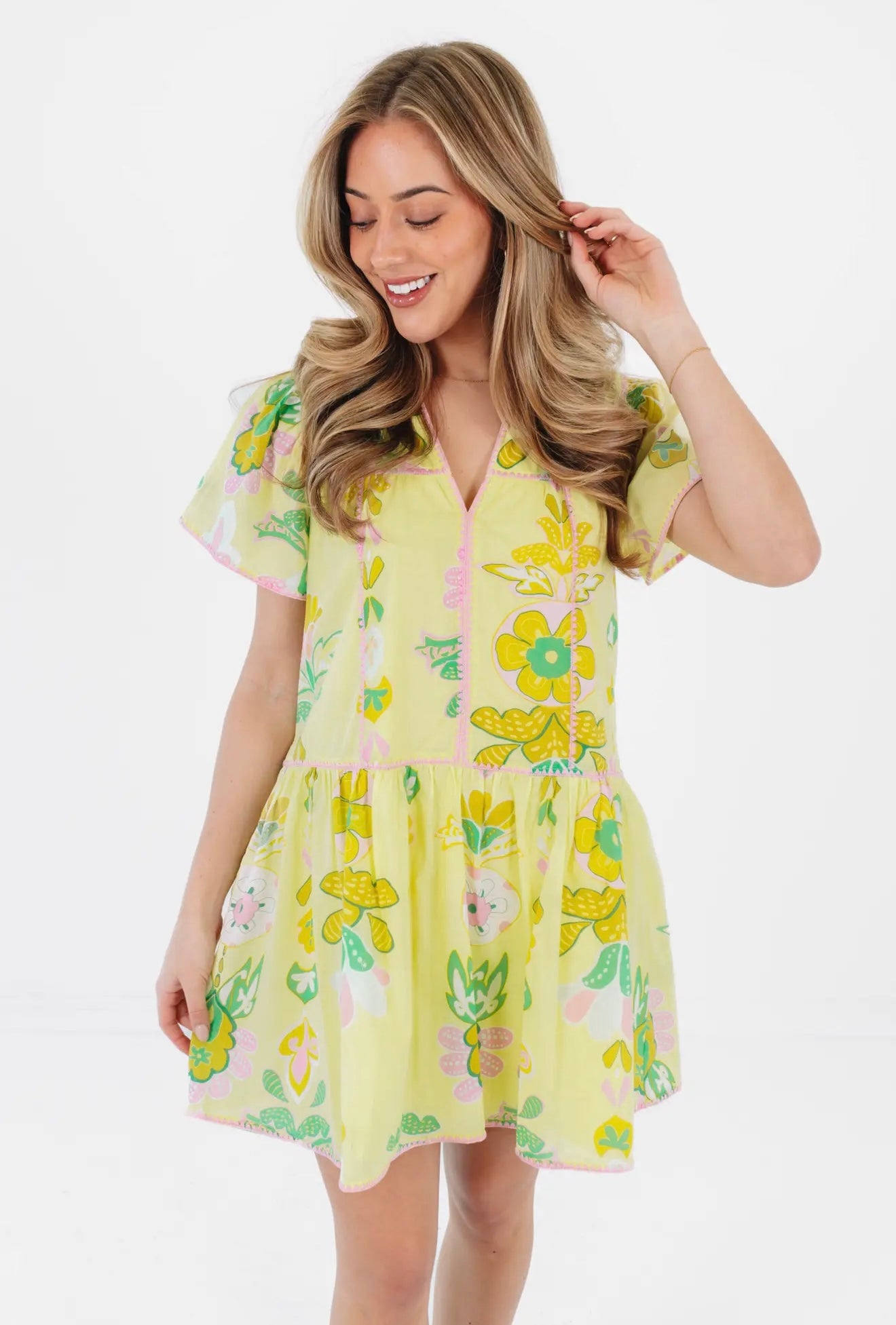 The Rainey V-Neck Dress - Yellow Embroidery