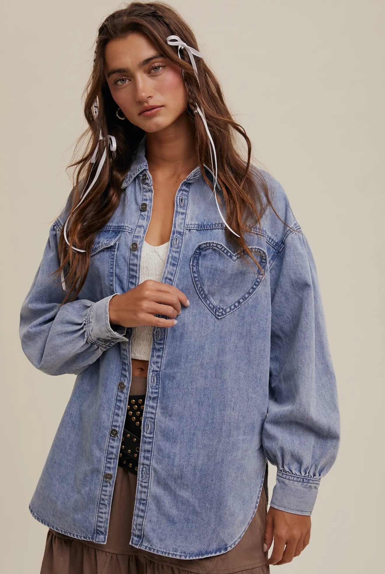 Heart Pocket Oversized Denim Shirt