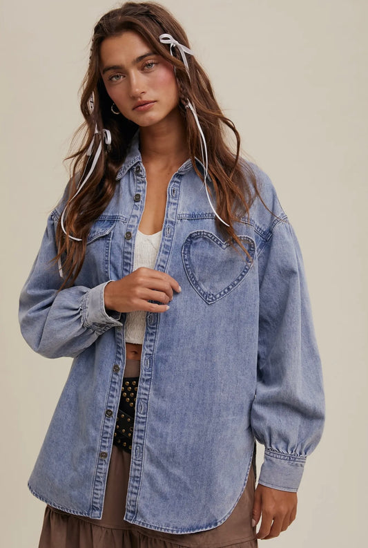 Heart Pocket Oversized Denim Shirt