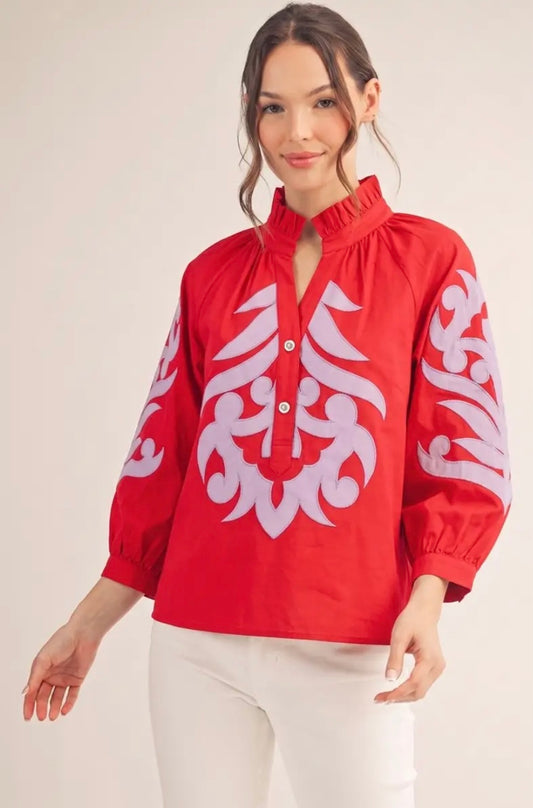 Baroque Embroidered Top- Lilac/Red