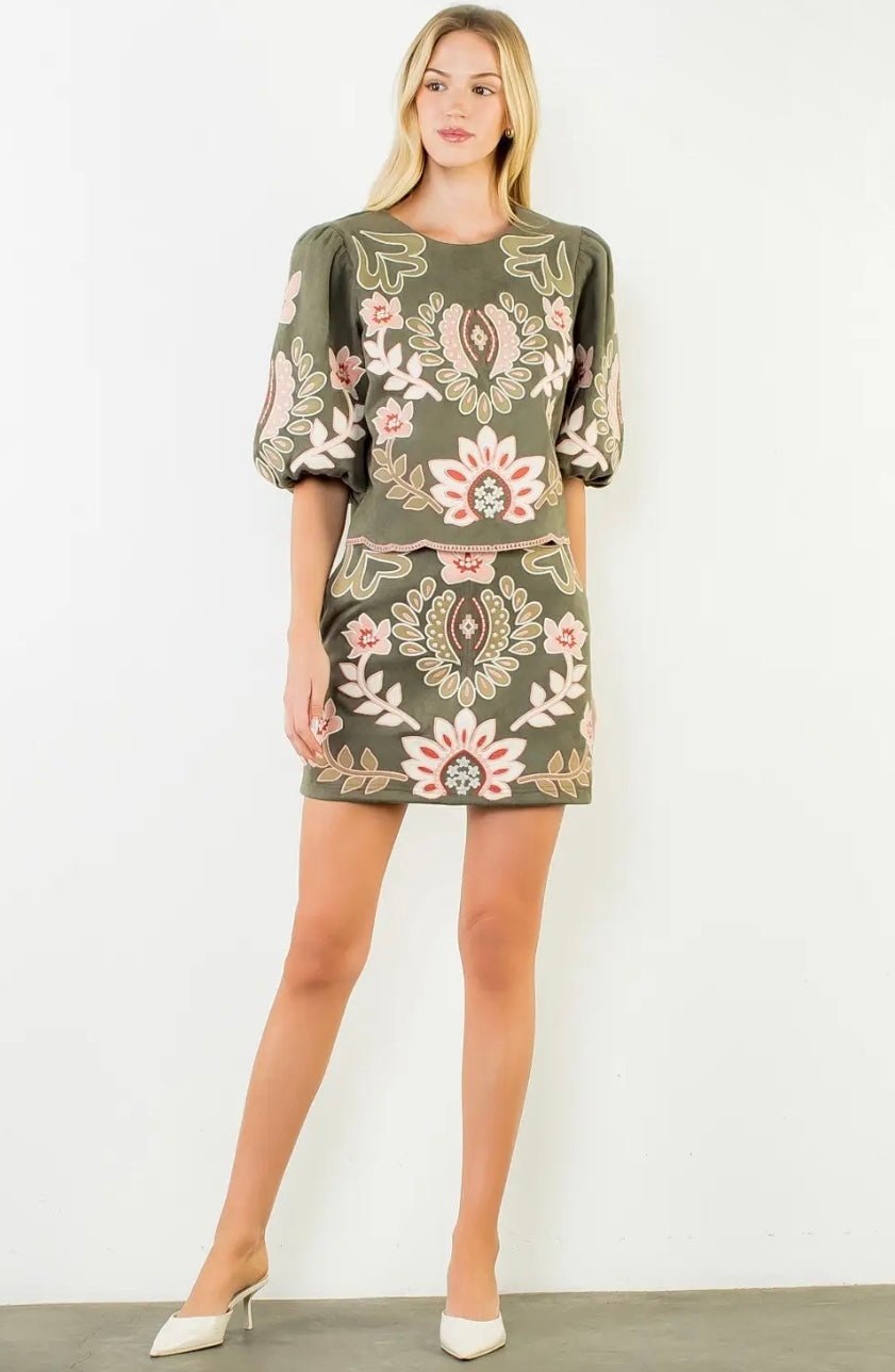 Olive Suede Embroidered Skirt