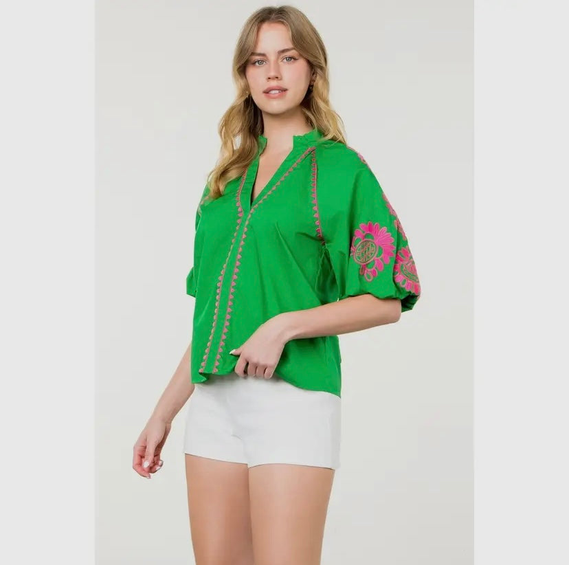 Embroider Me Pink-Green Top