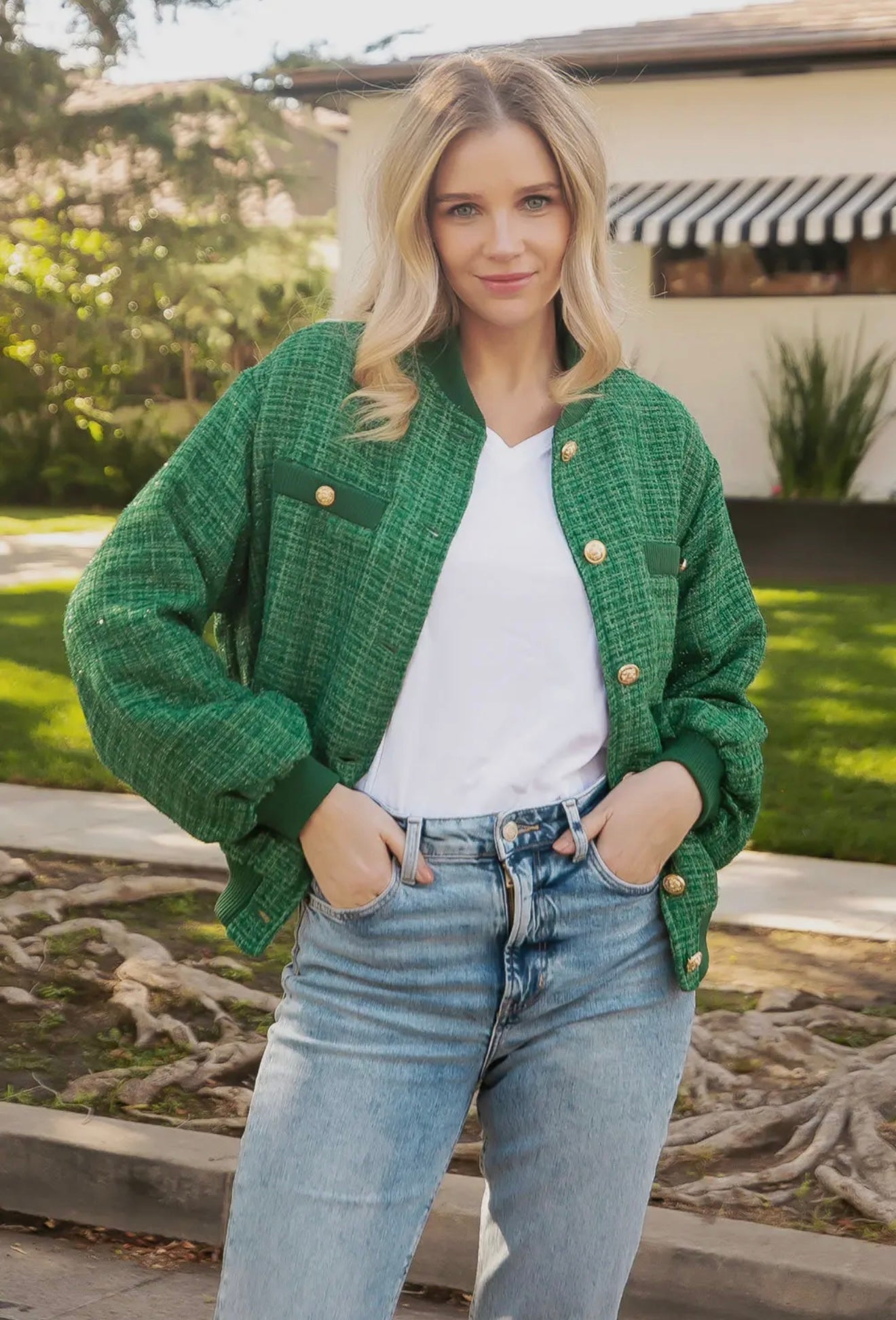 Green Metallic Tweed Bomber Jacket