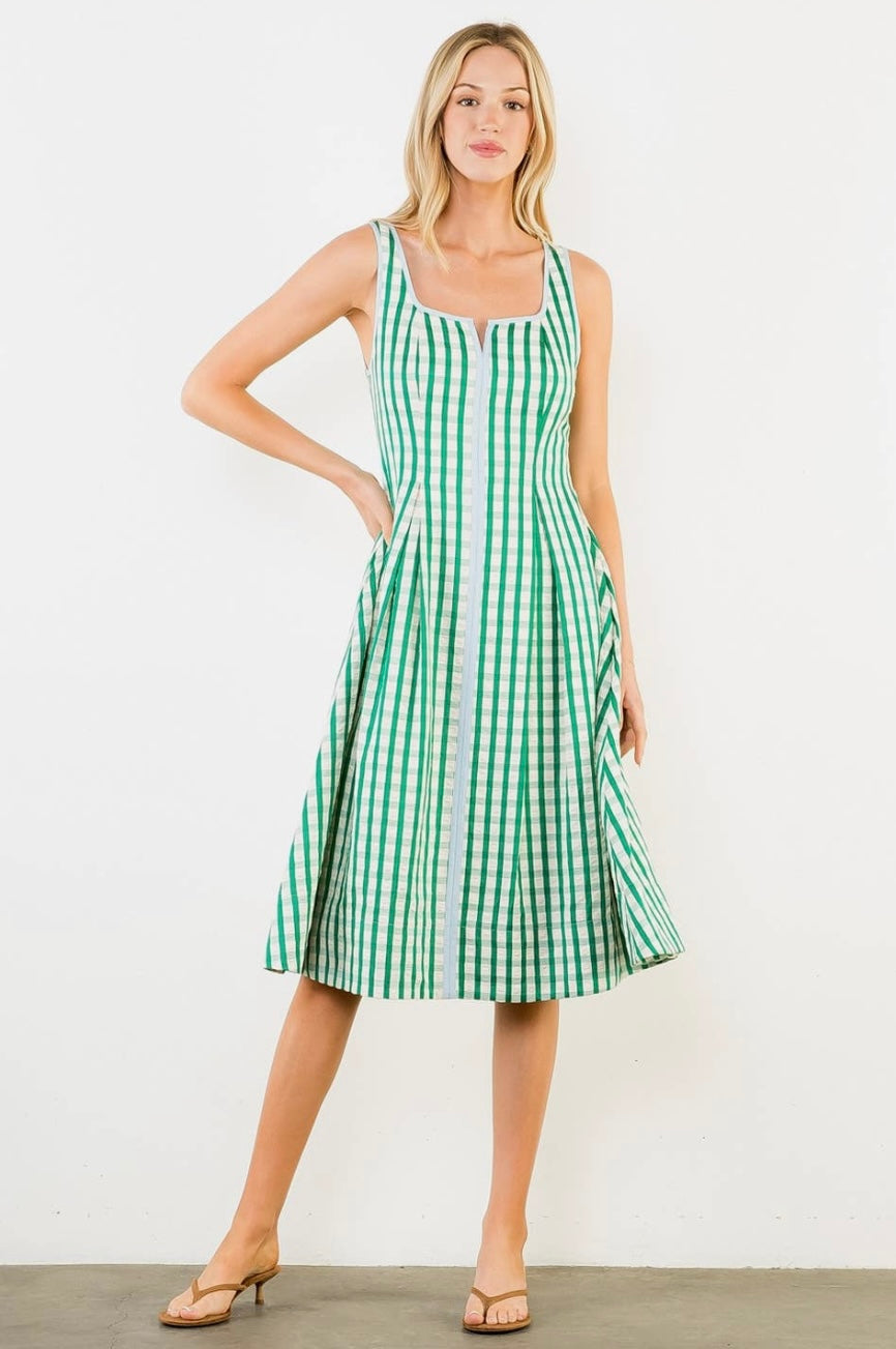 Green and White Gingham Midi Dress
