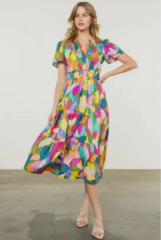 Water-Color Tiered Print Midi Dress