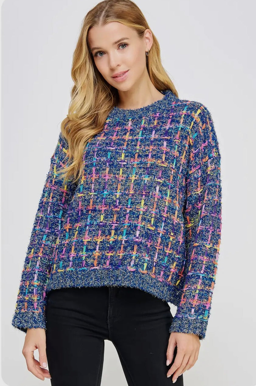 Blue Rainbow Tweed Sweater