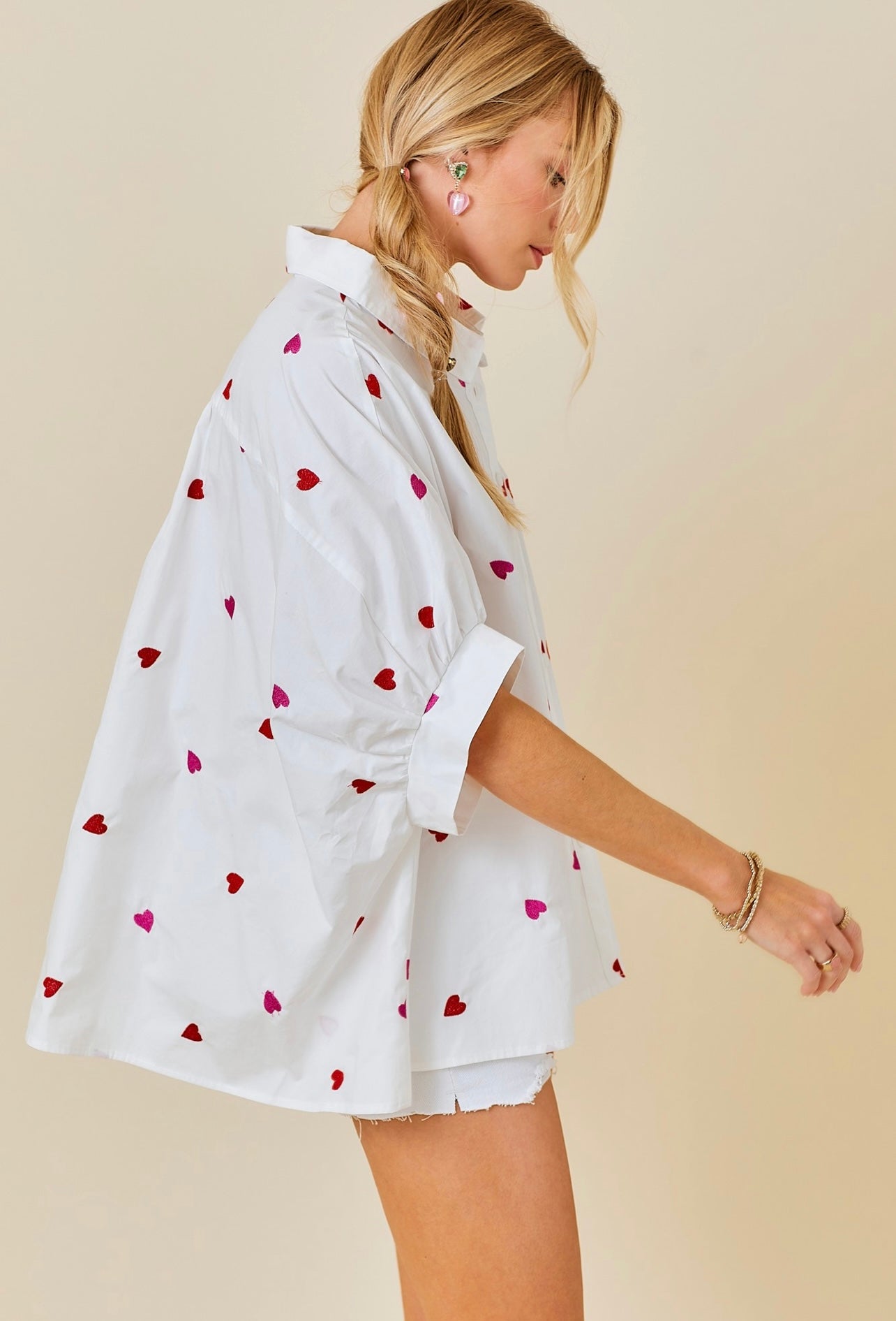 Heart Embroidered Oversized Button Down Shirt
