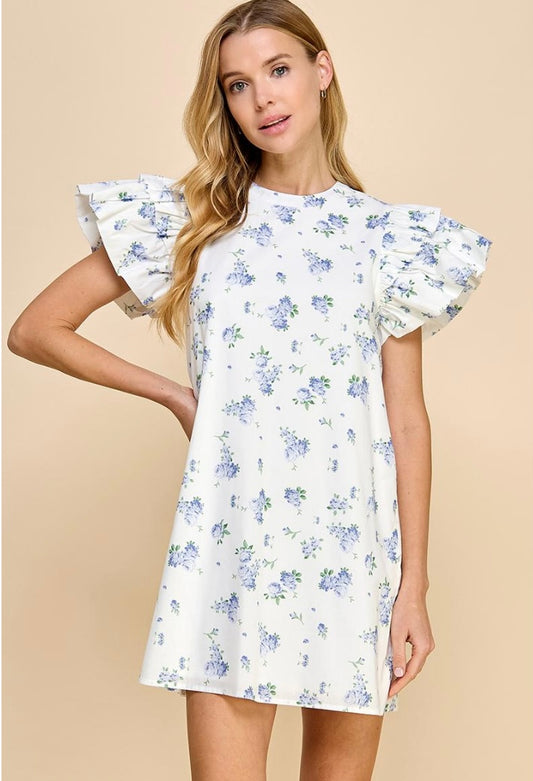 Blue Floral Flutter Sleeve Dress