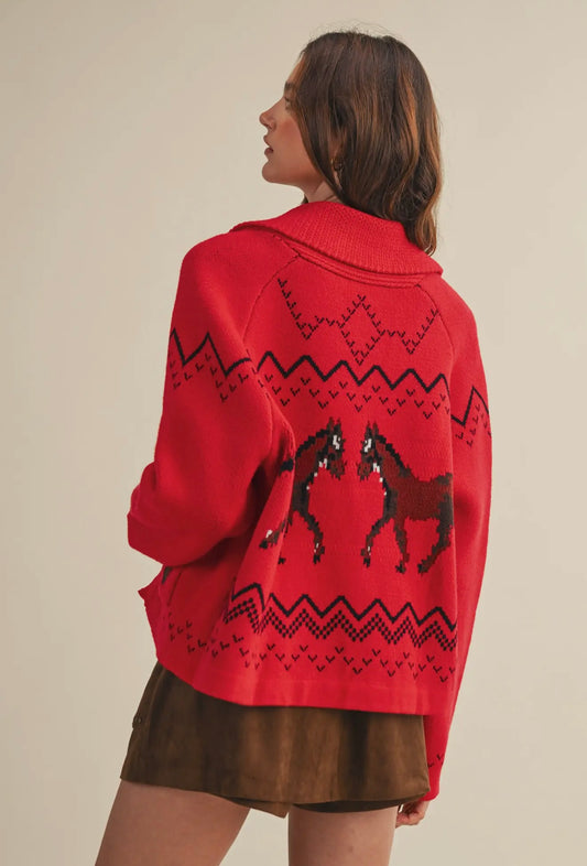 Red Horse Knit Sweater Cardigan