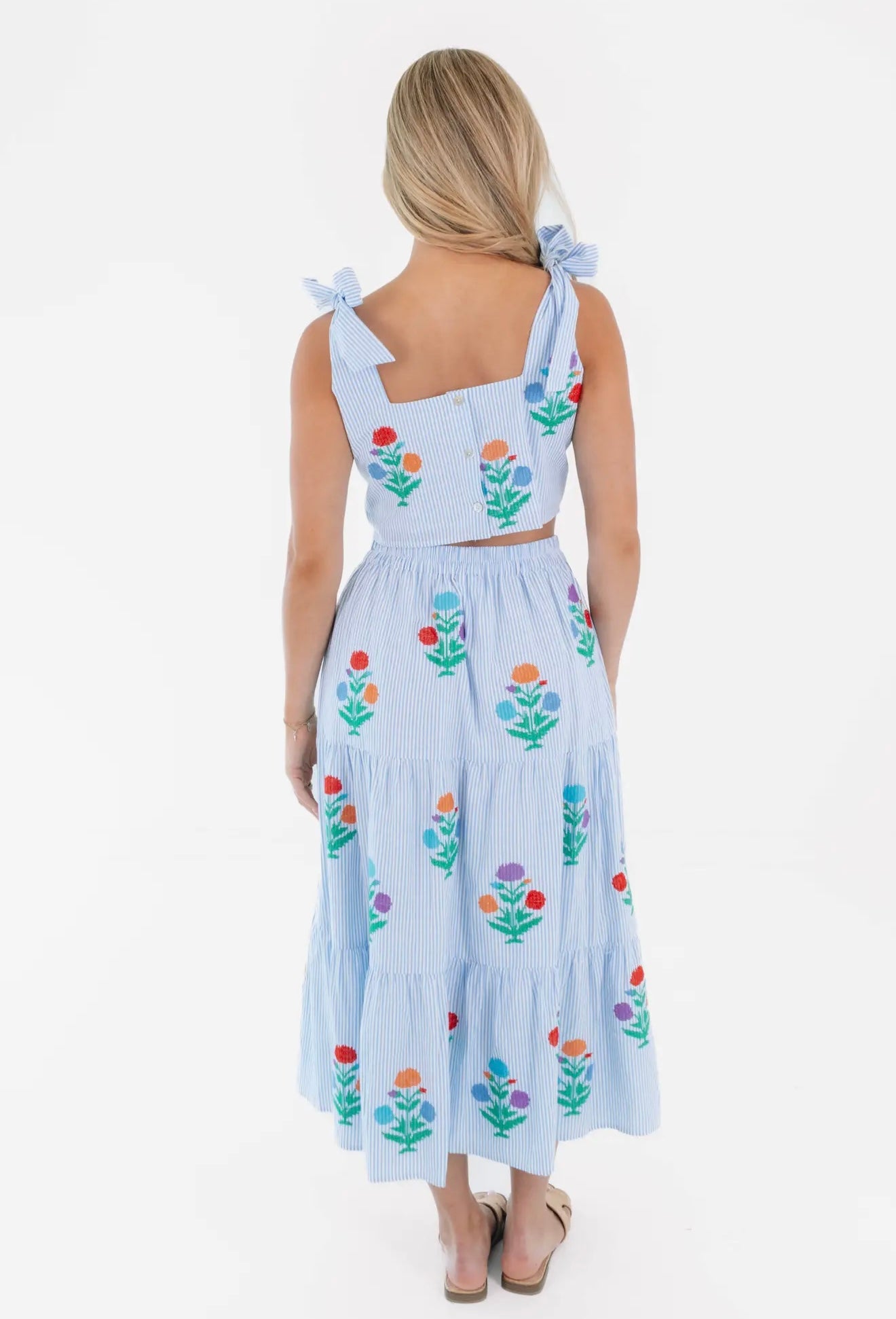The Samson Midi Skirt Set - Blue & White
Stripe Embroidery