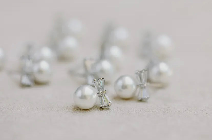 Diamond Bow Mini Pearl Studs