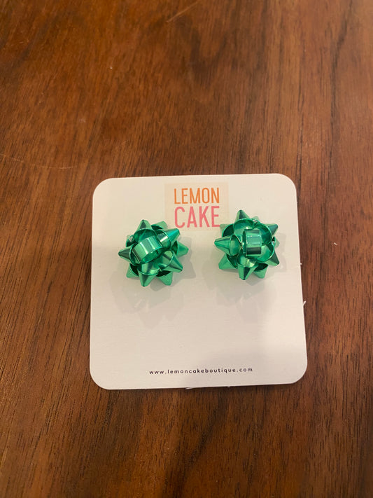 Green Present Bow Earrings