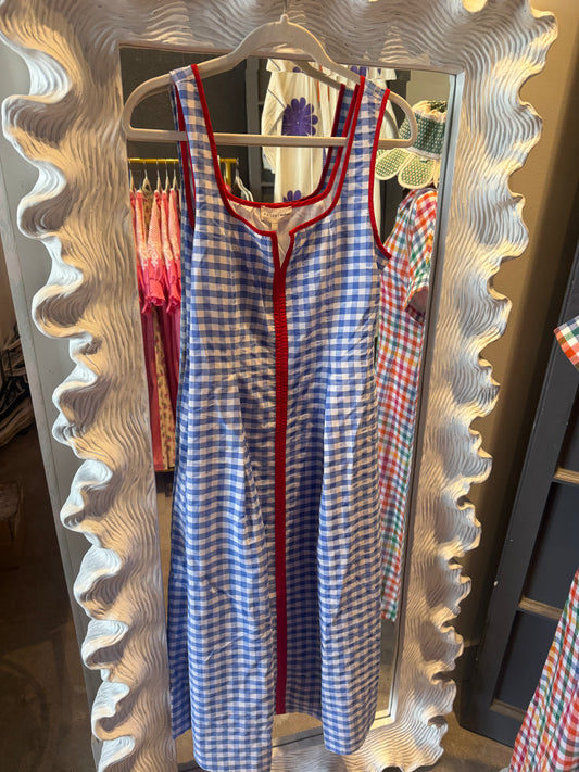 Blue and Red Gingham Midi Dress