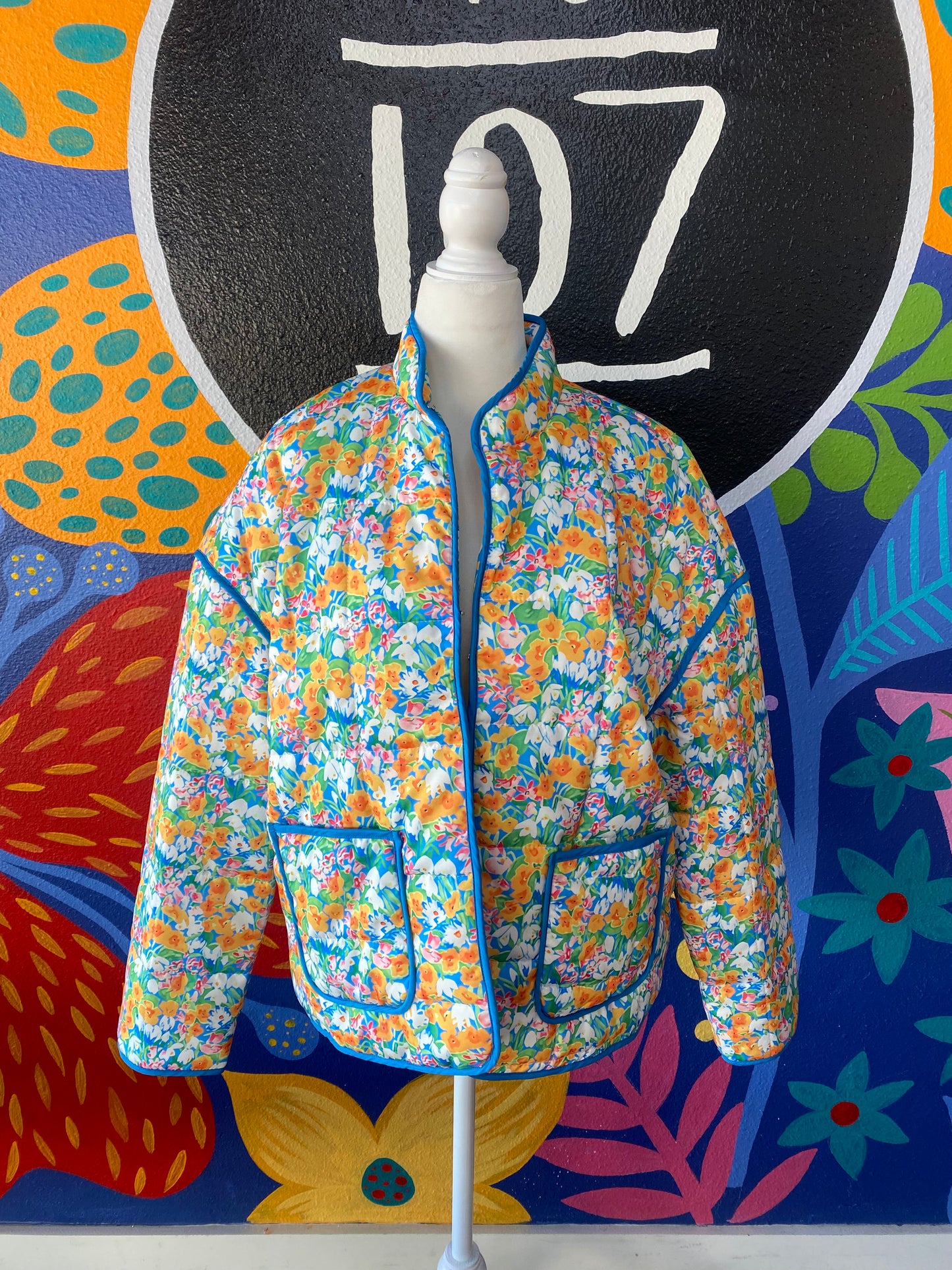 Bright Blue Floral Quilted Puffer Jacket