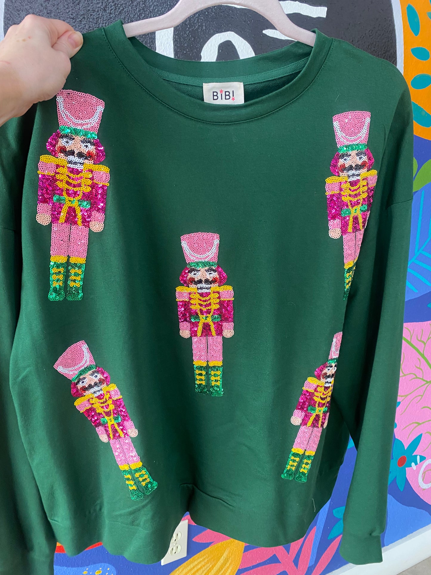 Green and Pink Sequin Nutcracker Sweater