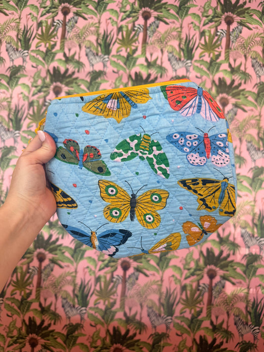 Blue Butterfly Quilted Makeup Bag | Cosmetic Toiletry Bag