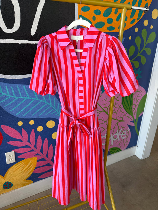 Kate Striped Midi Dress- Pink/Red