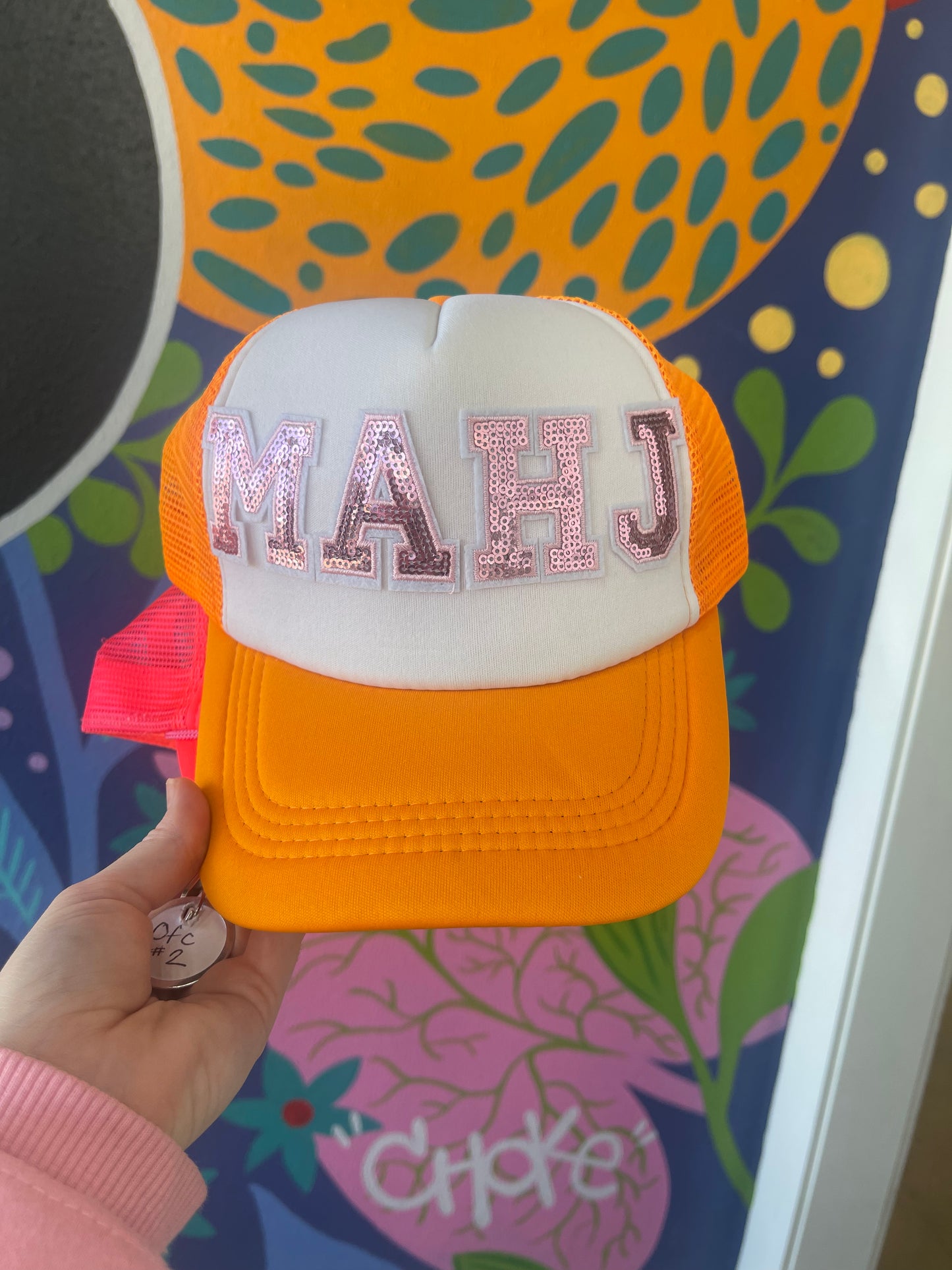 Orange and Pink Sequin Mahj Trucker Hat