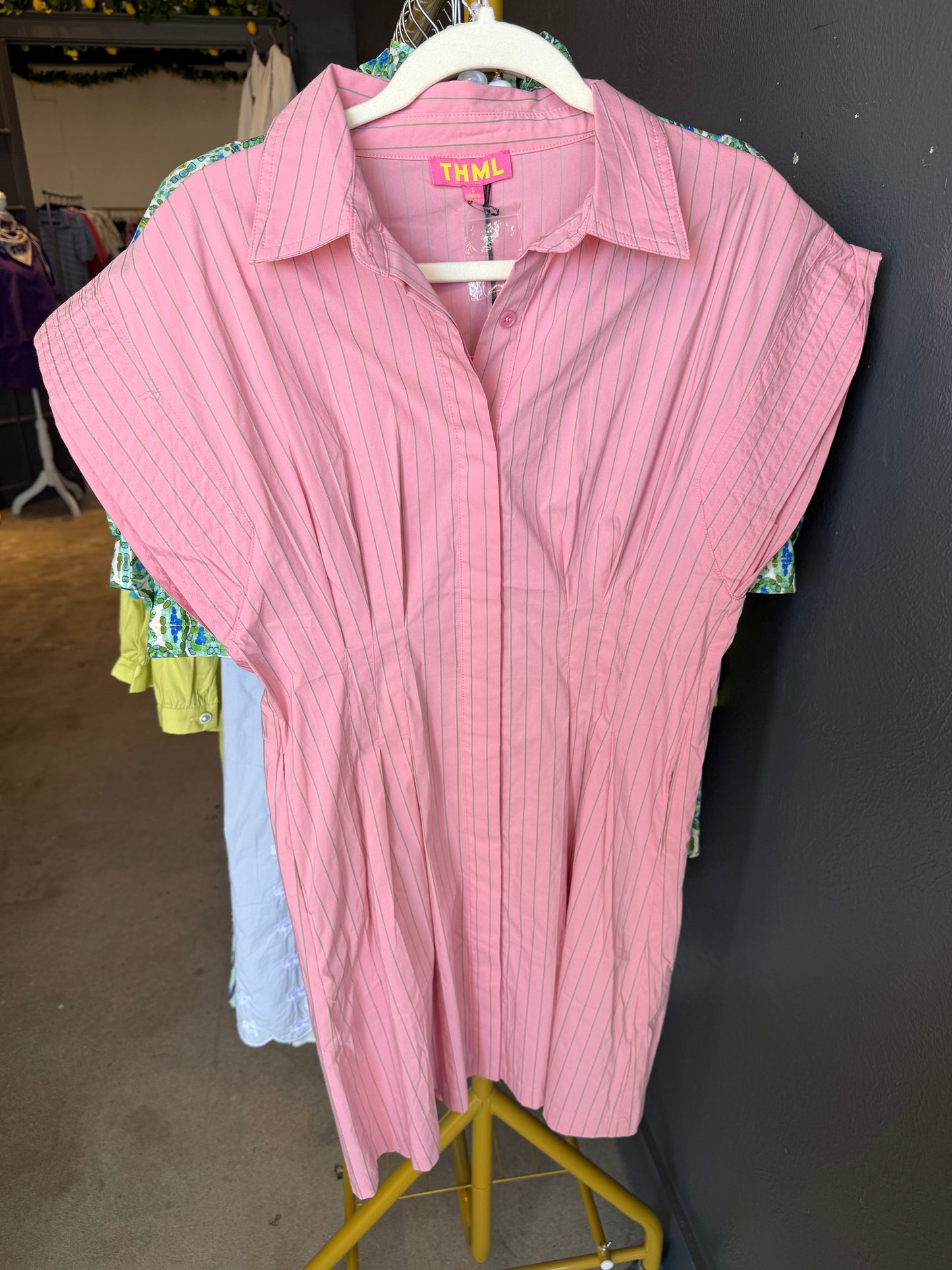 THML Pink and Green Striped Mini Dress