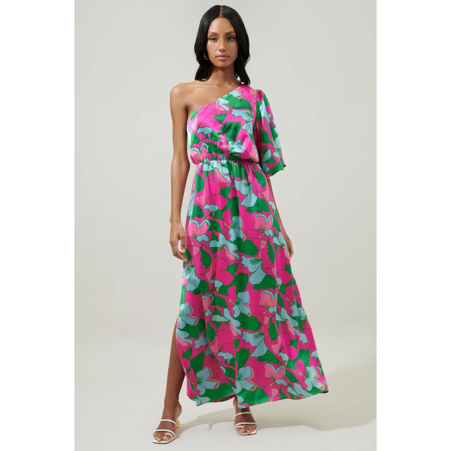 Sugarlips Tropical Berry One Shoulder Satin Maxi Dress