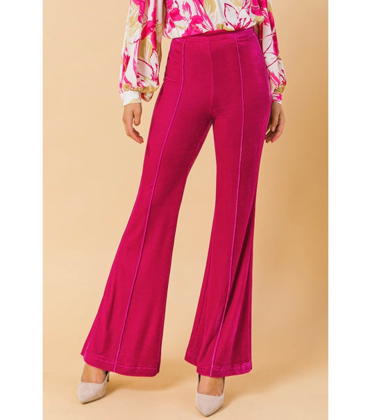 Fuchsia High Waisted Flare Velvet Pants