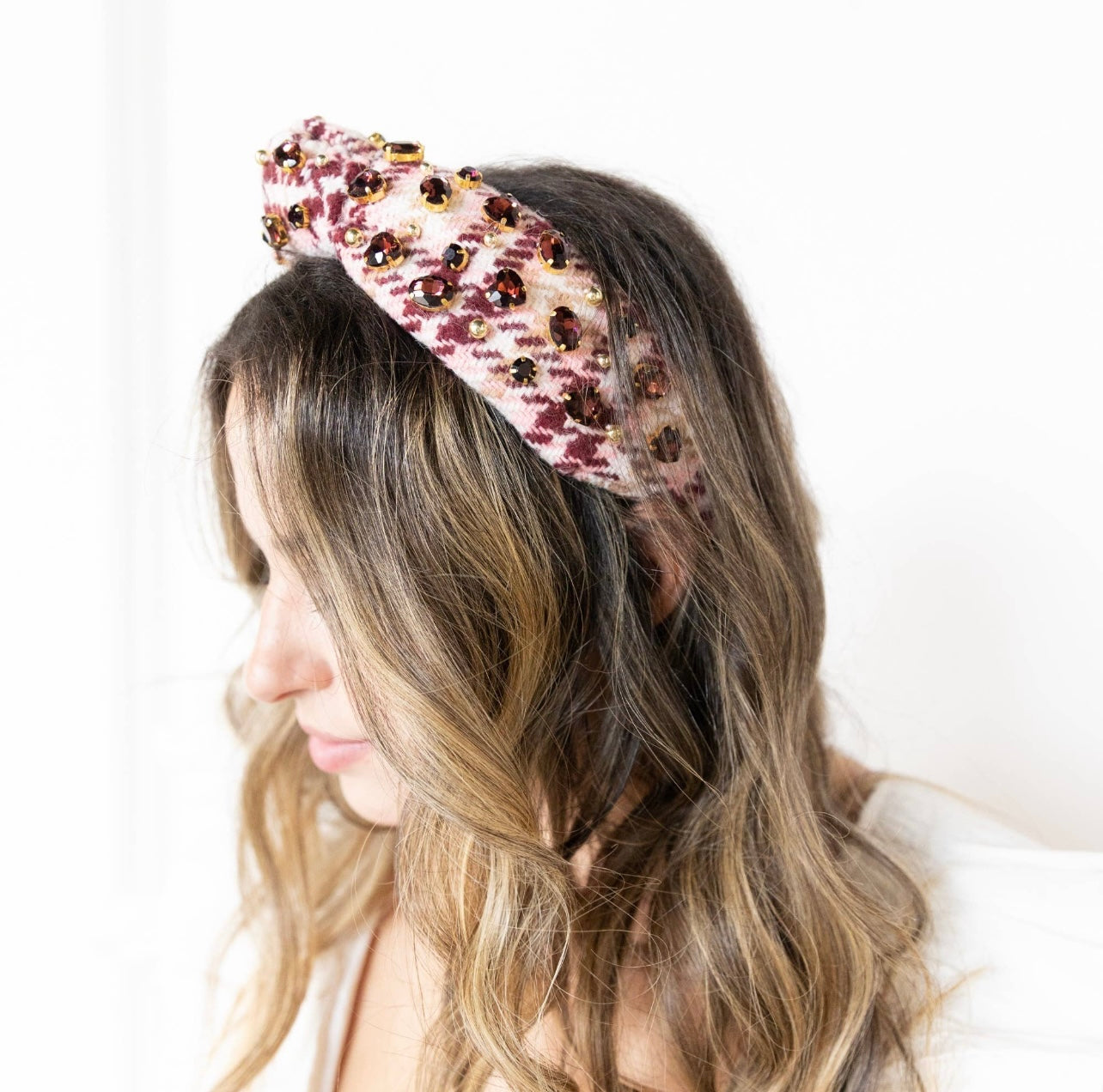 Mulled Wine Plaid Tweed Jeweled Headband